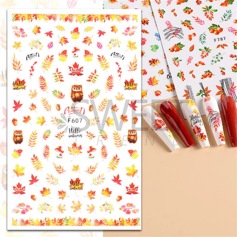 Autumn Maple Leaf Owl Nail Stickers