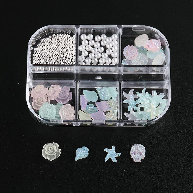 6 Grid Glitter Charms Pearl  DIY  Nail Art Decorations