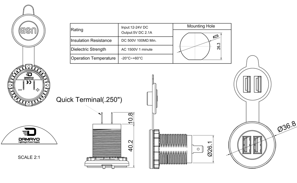 DAMAVO USB charger outlet, USB adapter auto, lighter charger USB manufacturer
