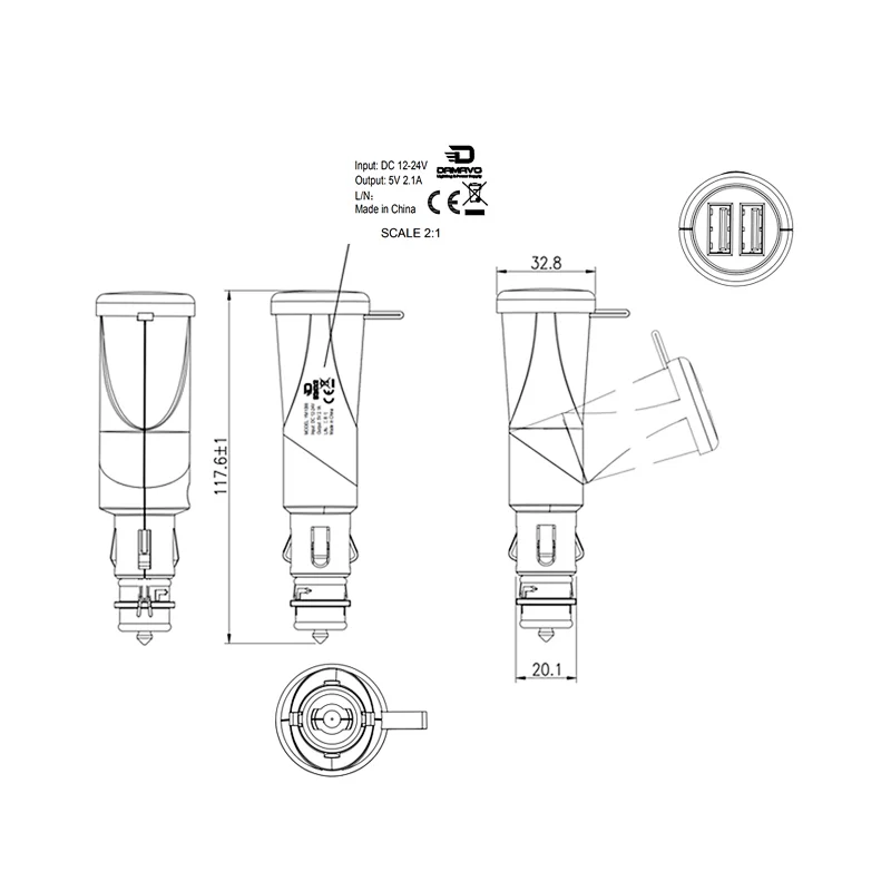 12v din plug, din usb charger, din to usb charger drawing