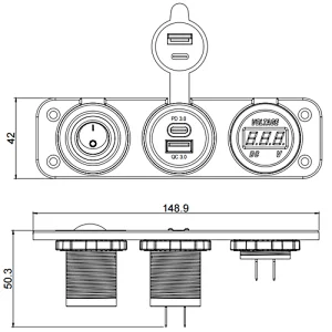 USB C PD, voltmeter 12 volt, cigarette lighter adapter with switch