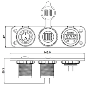 automotive USB outlet, 24V voltmeter, rocker switch voltmeter drawing