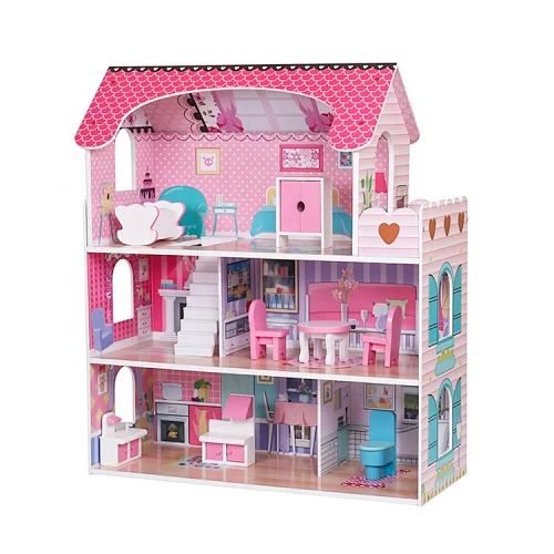 Classic Girls Small Pink Wooden Barbie Doll Princess House For Wholesale W06A380