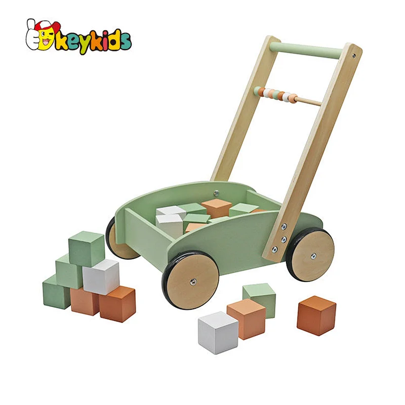 Ecofriendly educational push along wooden walker with blocks W16E218