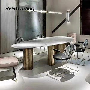 Italian high end customized  luxury dining table set marble top with special metal base dining table