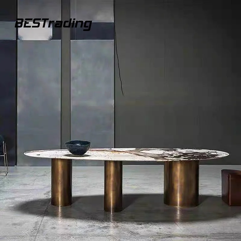 Italian high end customized  luxury dining table set marble top with special metal base dining table