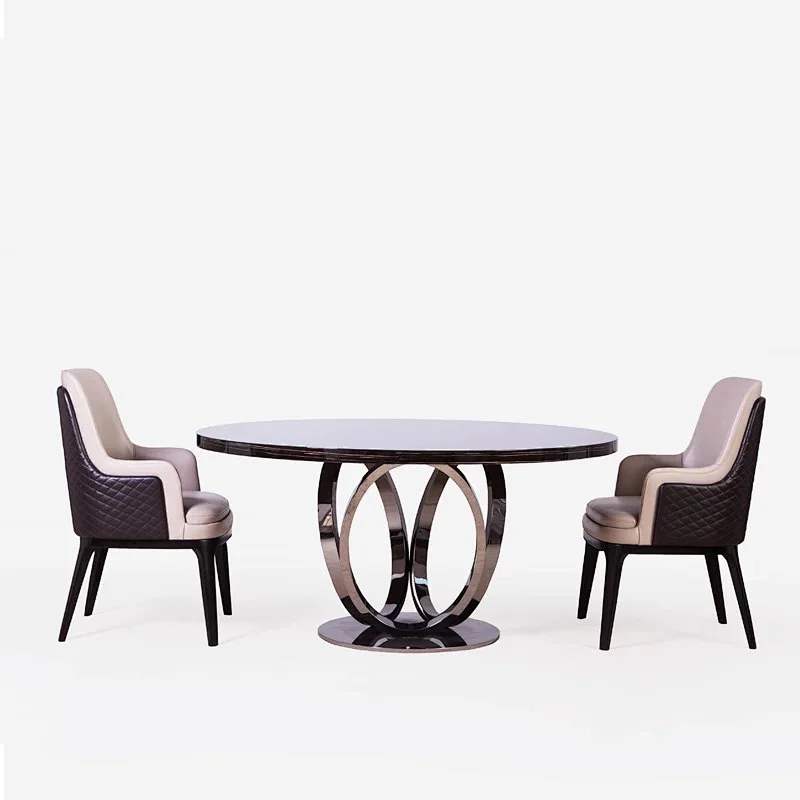 Modern round marble dining table with rotating centre stainless steel dining table set