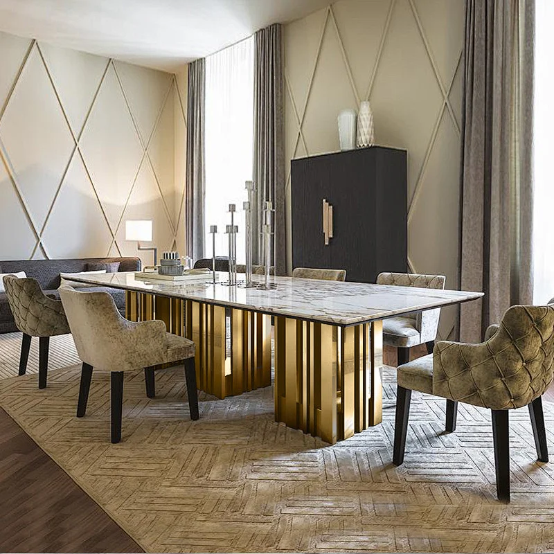 High quality customized dinning room furniture wooden or marble table stainless steel base dining table set