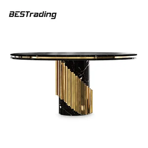 High End Customized Black Gold Dinng Room Furniture Modern Luxury Metal Marble Dining Table Set