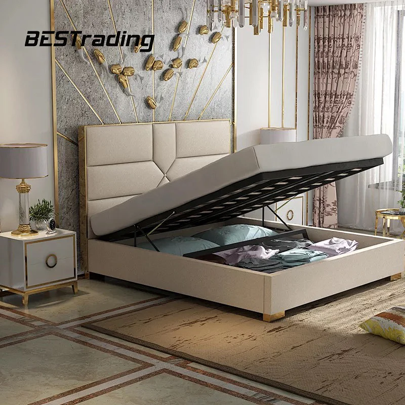 The Latest luxury bedroom furniture leather double bed with modern headboard storage Bed