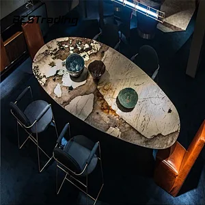 Italian high end customized  luxury dining table set marble top with special metal base dining table