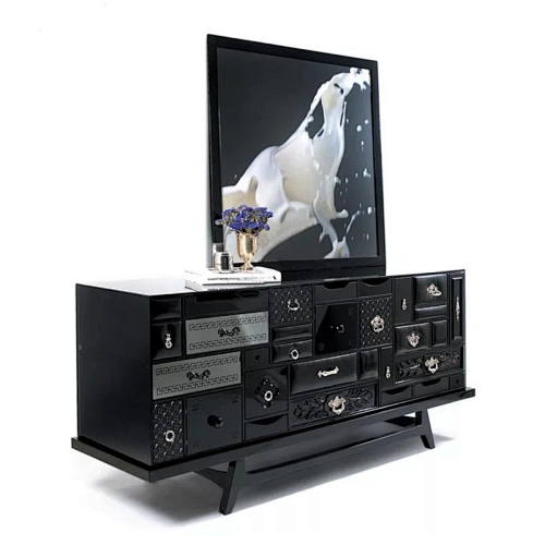 Italian Light Luxury Living Room White Sideboard Glass Black Sideboard Art Design Wooden Cabinet
