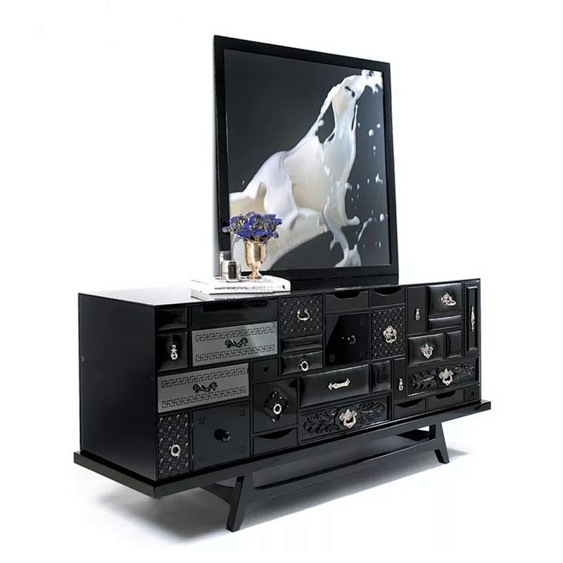 Italian Light Luxury Living Room White Sideboard Glass Black Sideboard Art Design Wooden Cabinet