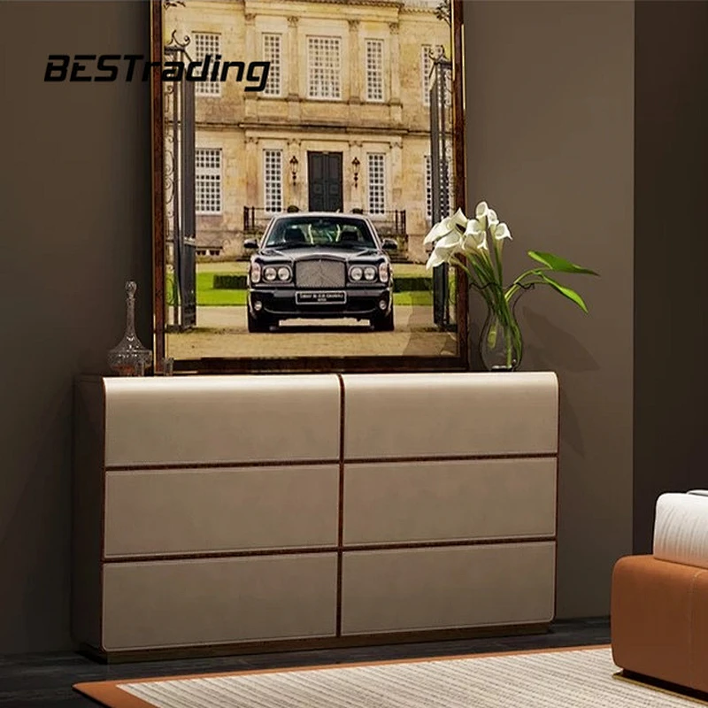 European Luxury Dinning Room Furniture Wooden Cabinet Living Room Sideboard Leather Sideboard