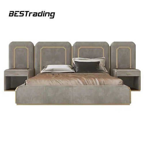 High End Customized Modern Villa bedroom furniture set Leather Double Bed With Luxury bed Headboards