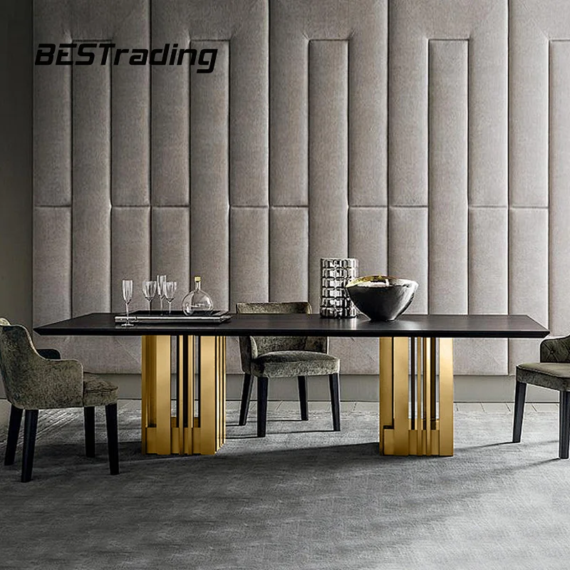 High quality customized dinning room furniture wooden or marble table stainless steel base dining table set