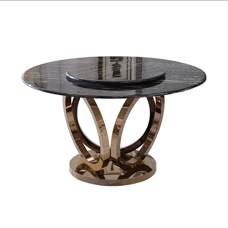 Modern round marble dining table with rotating centre stainless steel dining table set