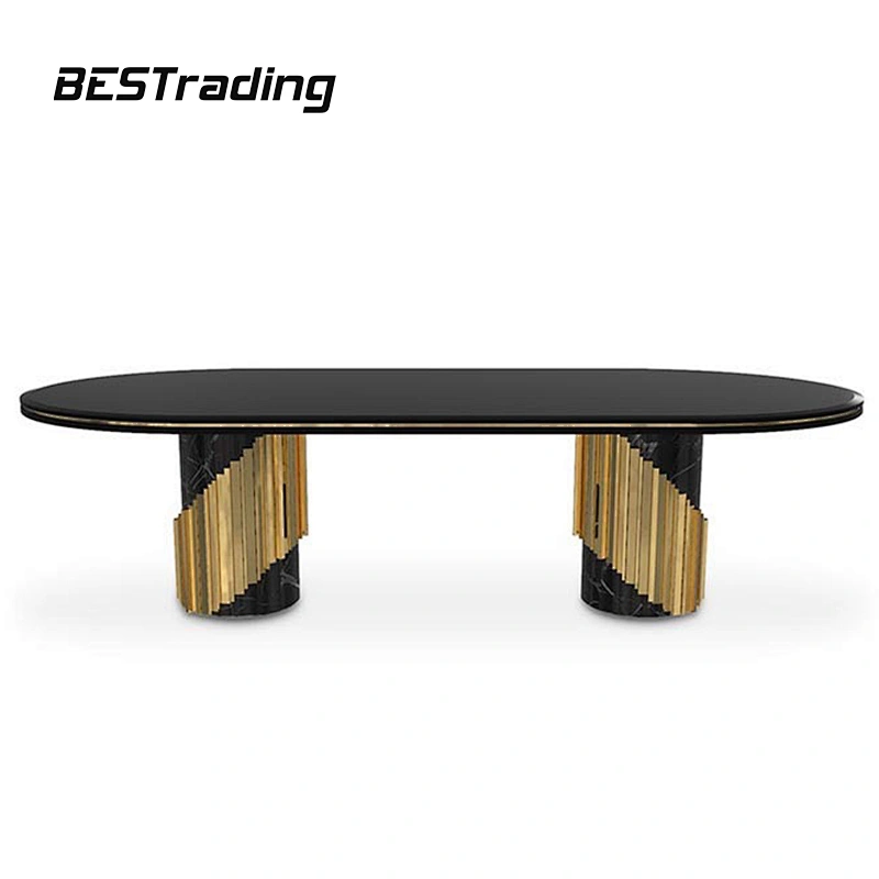 High End Customized Black Gold Dinng Room Furniture Modern Luxury Metal Marble Dining Table Set