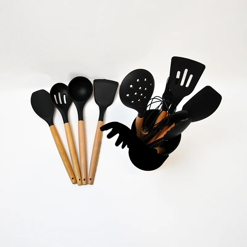 Custom Kitchen Utensil Nonstick Luxury Utensil With Holder Silicone Cookware Black Kitchenwares Silicone