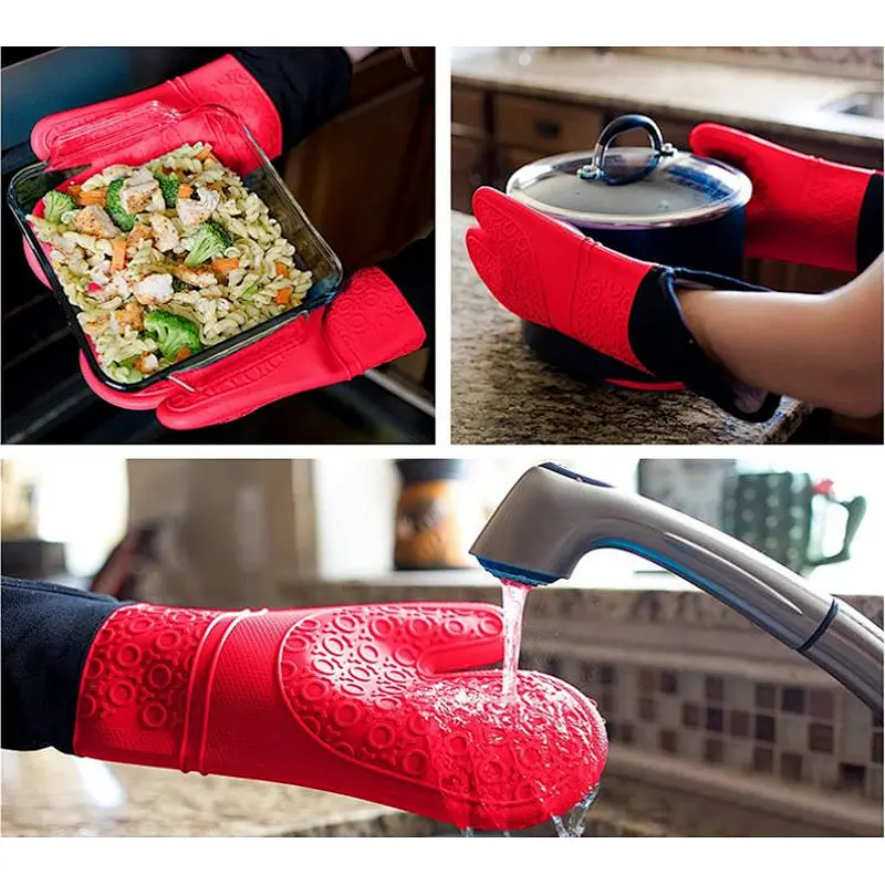 Silicone Oven Mitts and Pot Holders Set, 6 Piece Set with 2 Hot Pads