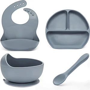 Silicone bibs bowl and spoon  set plate fork baby food silicone divided plate and bibs