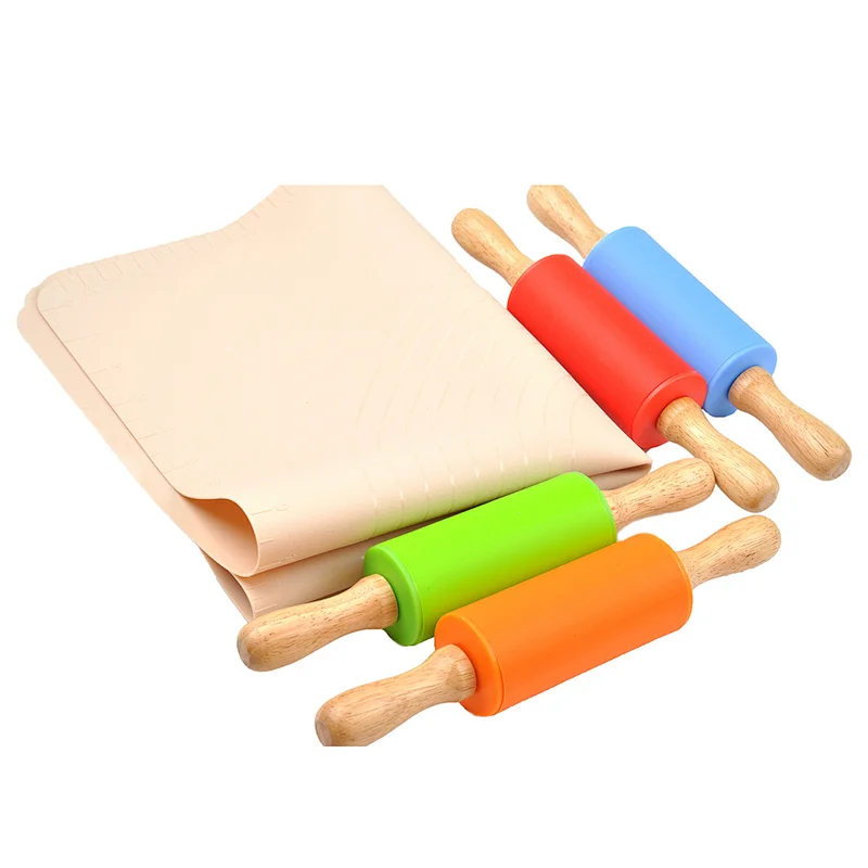 Dough With Handles Silicon With Wood Handle Mini Silicon Wooden Children Silicone Rubber Rolling Pin