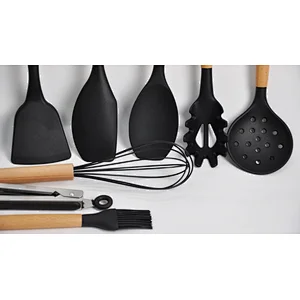 Custom Kitchen Utensil Nonstick Luxury Utensil With Holder Silicone Cookware Black Kitchenwares Silicone