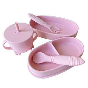 Silicone Baby Cup With Straw Handles Cover Lid Foldable Kids Toddler Spoon Bowl Plate Bib Baby Silicone Cup