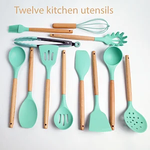 High Quality High Sales Lucky  Wooden Handle Milk  White Private Label Wooden Non-Stick Bambou Kitchen Utensils Set