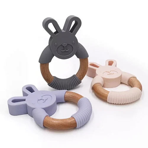 Wood & Silicone Rabbit Baby Molar Teething Ring Toy