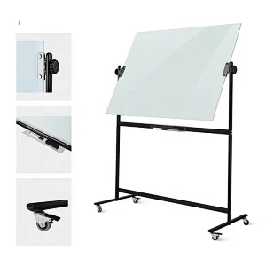 Large Mobile Double Sided 4MM Magnetic Tempered Safe Glass Whiteboard With 360 Pivot and Never Ghost Feature