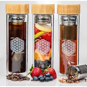 OEM 500ml Reusable Private Label Tea Infuser Glass Water Bottle with Bamboo Lid