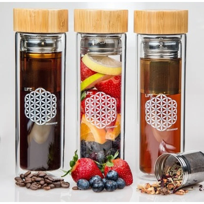 OEM 500ml Reusable Private Label Tea Infuser Glass Water Bottle with Bamboo Lid
