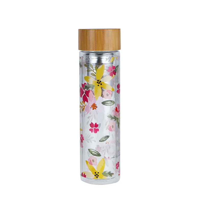 Double wall thick bottom glass water bottle with bamboo lid fruit infuser water bottle