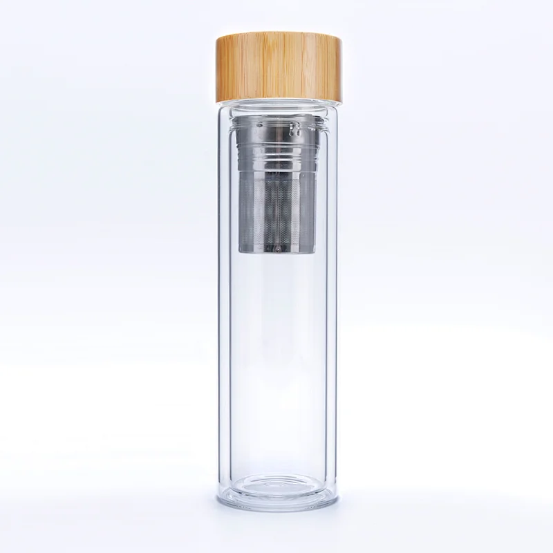 OEM 500ml Reusable Private Label Tea Infuser Glass Water Bottle with Bamboo Lid