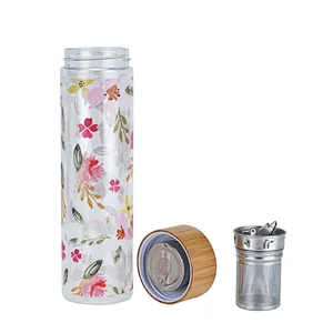 Double wall thick bottom glass water bottle with bamboo lid fruit infuser water bottle