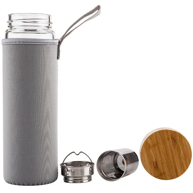 OEM 500ml Reusable Private Label Tea Infuser Glass Water Bottle with Bamboo Lid