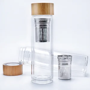 OEM 500ml Reusable Private Label Tea Infuser Glass Water Bottle with Bamboo Lid