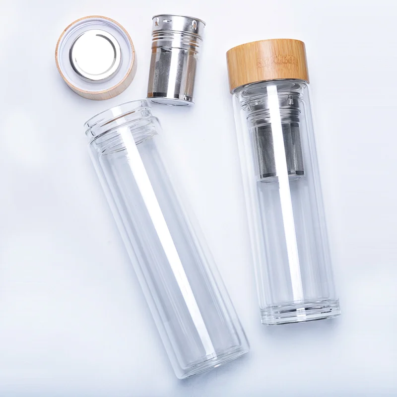 Petolar Manufacturer 400ml 500ml Double Wall Tea Infuser Glass Water Bottle Cup with Bamboo Lid