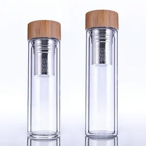 Laser engraved 500ml tea infuser infusion double wall bottle glass with bamboo lid