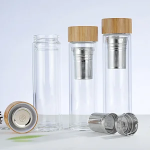 400ml 500ml Bamboo Lid Double wall Borosilicate Glass Tea Infuser Tumbler Mug With Strainer