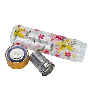 Double wall thick bottom glass water bottle with bamboo lid fruit infuser water bottle