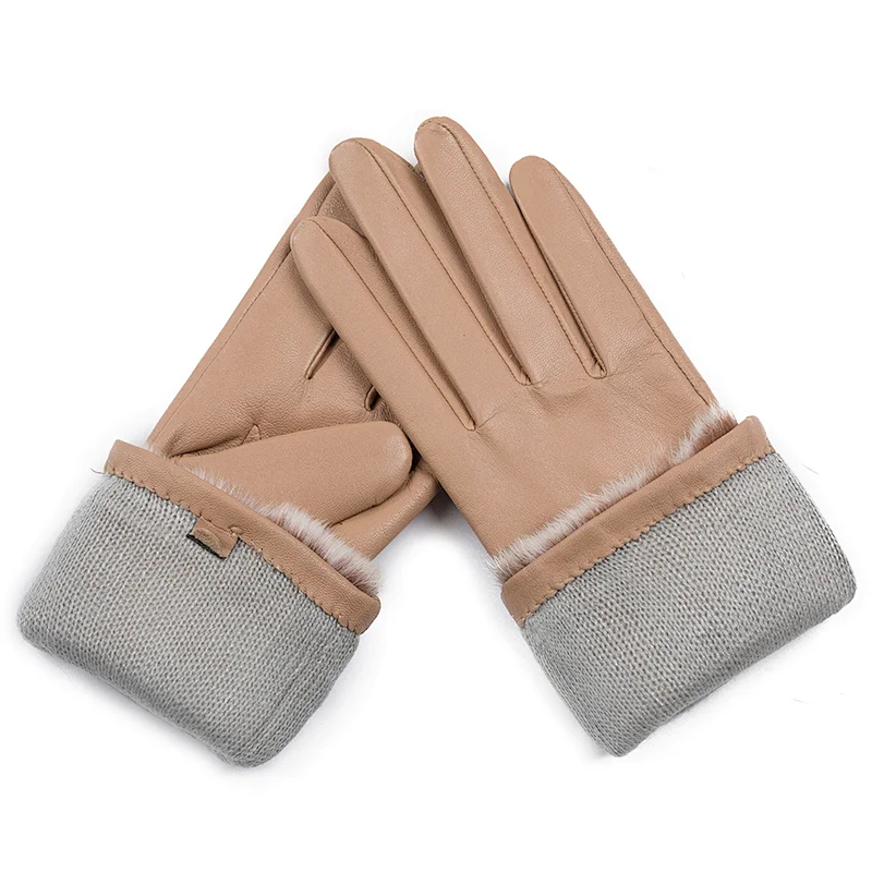 Ladies' Custom Made Luxury Real Rabbit Fur Cuff Leather Gloves for Winter