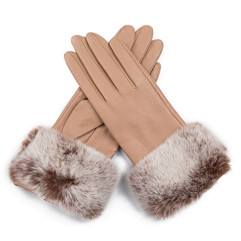 Ladies' Custom Made Luxury Real Rabbit Fur Cuff Leather Gloves for Winter