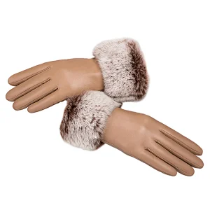 Ladies' Custom Made Luxury Real Rabbit Fur Cuff Leather Gloves for Winter