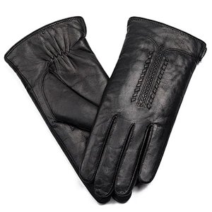 Mens Black Winter Warm Car Driving Goat Skin Leather Gloves with Lamb Fur Lining for Male