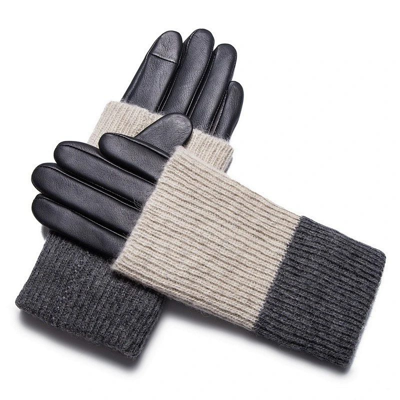 Wine Ladies Sheep Leather   Gloves With Knitted   For Daily Life HL0224