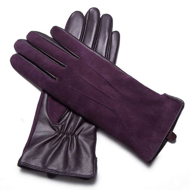 Wine Ladies Sheep Leather With Suede Leather  Gloves  For Daily Life