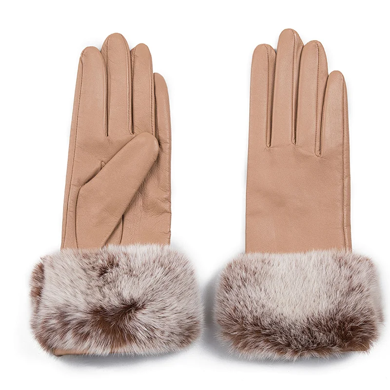 Ladies' Custom Made Luxury Real Rabbit Fur Cuff Leather Gloves for Winter