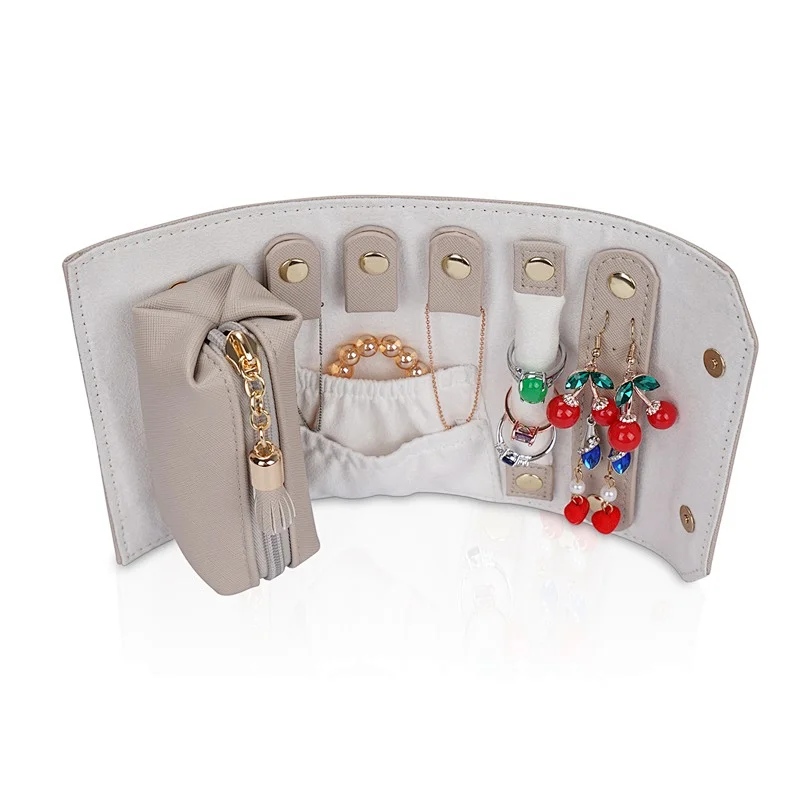 Custom jewelry box with pouch soft velvet PU leather ring earring necklace organizer jewelry roll bag